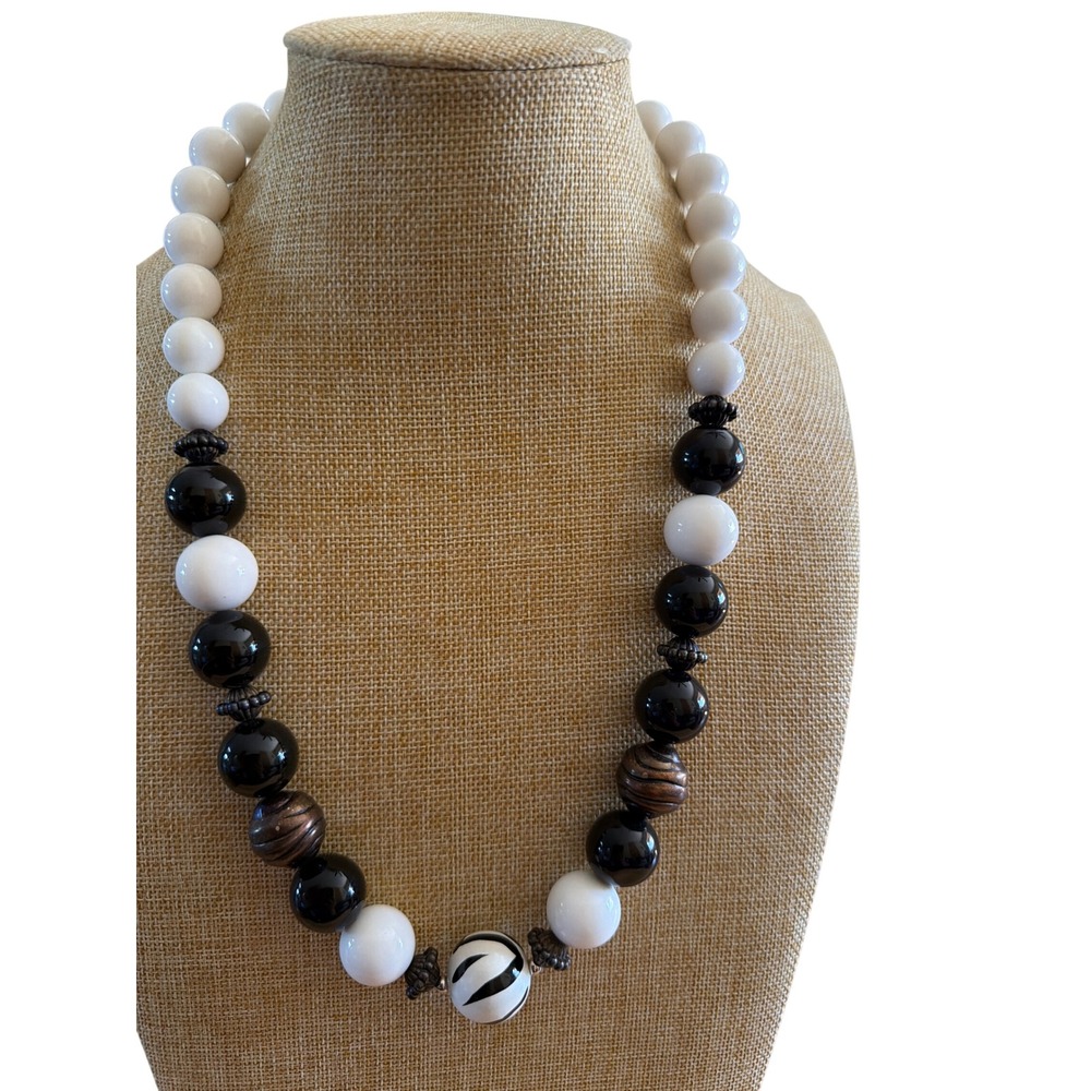 Chunky Black White Zebra Print Statement Bead Necklace Modern